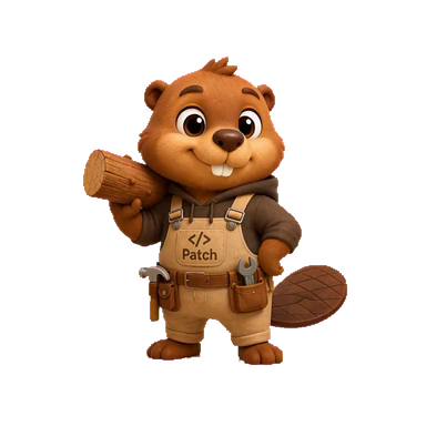 Patch, a friendly beaver in work overalls, carrying a wooden log